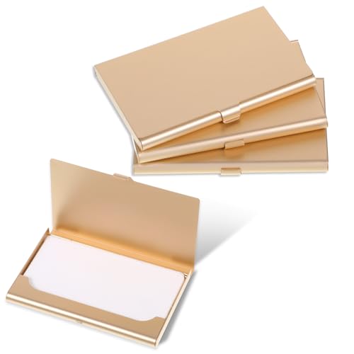 Glod Slim Business Card Case, 4 Pack Metal Business Card Holder Professional Busineses Holder Case Pocket Metal Cases Purse Name Cards Holders Credit Cards with Buckle Style Shut for Men Women