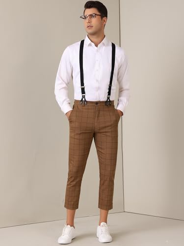 Plaid Cropped Pants for Men's Tapered Leg Formal Checked Trousers with Suspender2