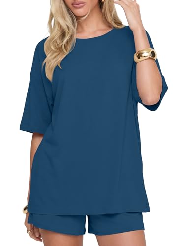 Image of Darong Women's 2 Piece Shorts Set Loungewear | oversized tshirts,crew neck top,drawstring shorts,elastic waist, side pockets,summer travel outfits