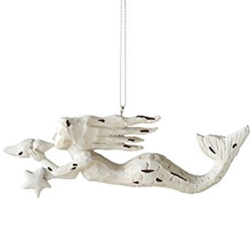 Midwest-CBK White Distressed Hand Carved Look Mermaid with Conch Shell and Sea Star Ornament