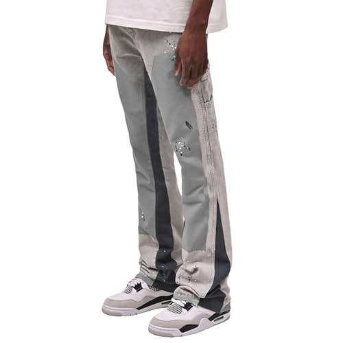 Men's Stacked Jeans Mid Rise Relaxed Fit Patchwork Straight Leg Denim Pants Retro Hip Hop Streetwear Trousers2