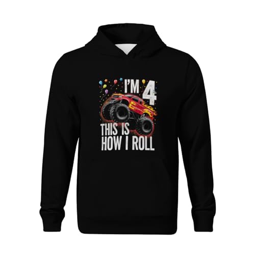 Kids 4 Years Old Shirt 4th Birthday Boy Monster Truck Car Boys Girls Lightweight Kangaroo Pocket Hoodies2