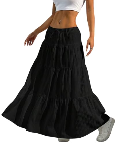 Image of Jawdrobe Women's Georgette Ruffle Hem Long Flared Skirt Lightweight Soft Fabric| High-Waisted Ruffled Maxi Plain and Pleated Skirt