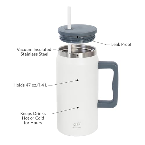 Glad Pioneer Stainless Steel Tumbler with Lid and Straw - Double Walled Insulated Cup with Handle - Leak Resistant & Drinks Stay Cold All Day, 47oz, Grey - image 2