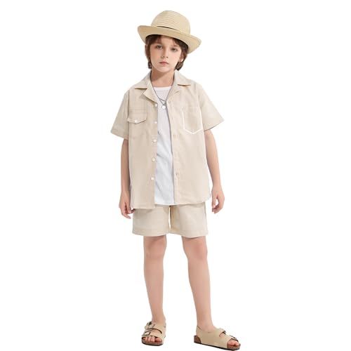 Image of LOLANTA Boys 2 Pieces Linen Set kids Short Sleeve Button Down Shirt and Shorts Summer Vacation Outfits