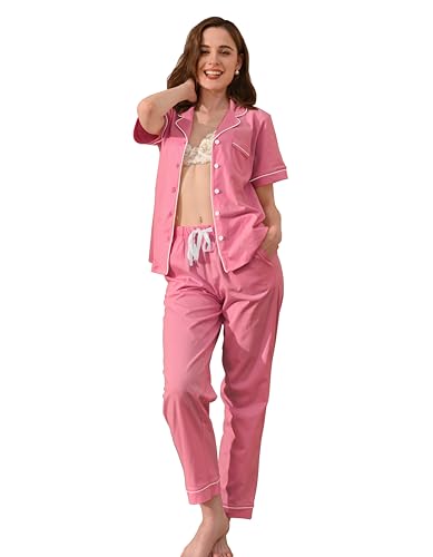 Image of NAP BOUND 100% Cotton Women's Pajama Sets Short Sleeve Button Down Soft Pjs 2 Piece Lounge Set with Pocket Nightwear XS-XXL