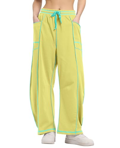 CHANGEOWN Barrel Pants for Women, Wide Leg Baggy Sweatpants Drawstring High Waisted Lounge Trousers with Pockets, Relaxed Fit Casual Pants, Lemon Yellow, 2XL — view 6