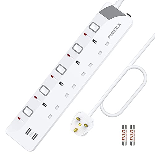 Image of Extension Lead with 4 Way Plug Sockets, Wall Mountable Extension Socket with Individual Switches and 2 USB Charging Ports, 13A 3250W, 2M Extension Cord