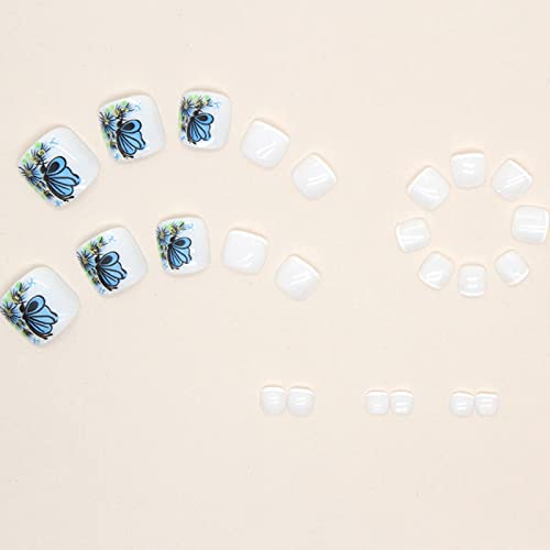 Qingge Press On Toenails White Square Fake Toenails With Blue Butterfly French Fake Nails Acrylic Toe Nails For Women Glossy Toe Nail Tips Glue On Toenails 24Pcs #TOP3