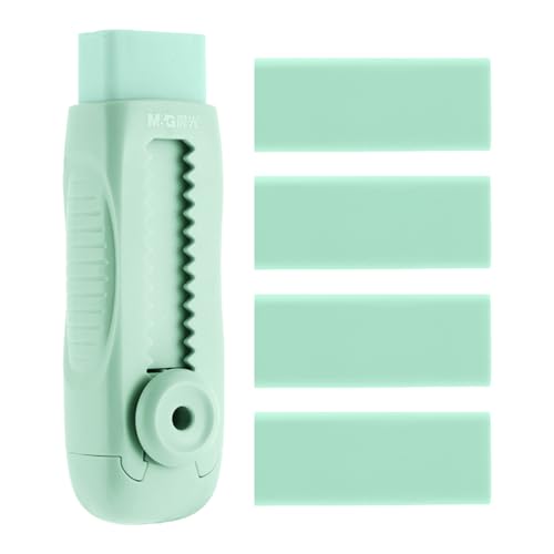 Image of M&G 4+1 Pack Rubber Erasers Sliding Retractable Eraser, Soft Cute Erasers Push Pull Large Pencil Eraser with Plastic Sleeve 4 Refill Eraser for Students Kids, School Office Home Supplies (Green)