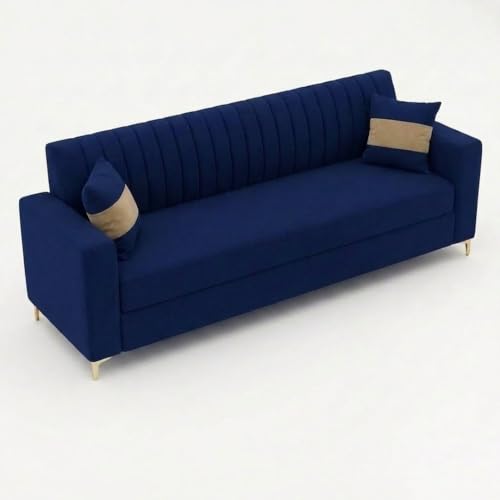 Image of FURNY Signature Regalia 3 Seater Sofa Set | Boston Fabric | 40D Foam + Zigzag Spring | 3-Yr Warranty (Midnight Blue & Warm Beige) | Modern Living Luxury Sofa Set for Home, Office & Hotel Spaces