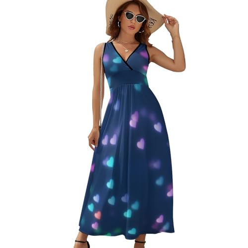 Robe longue d'été col V imprimé coeurs roses bleus sans manches décontracté