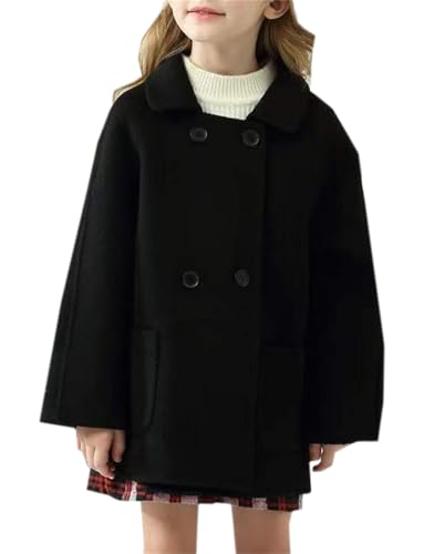 Image of Cromoncent Girls Dress Coat Double Breasted Wool Lapel Peacoat Fall Winter Outerwear, Black, 11-12 Years = Tag 160