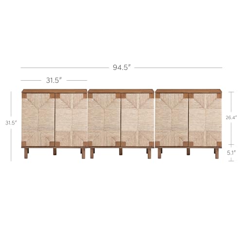 Image of Nathan James Beacon Boho Accent Cabinet with Doors, TV Stand with Adjustable Interior Shelf and Seagrass Accent, Dark Brown, Set of 3