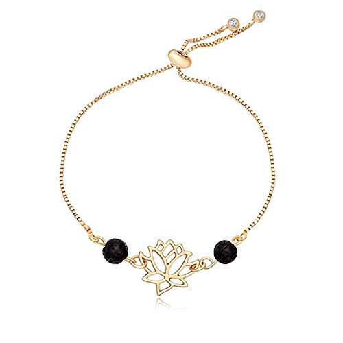 Adjustable Natural Lava Rock Stone Lotus Flower Bangle Bracelet Aromatherapy Essential Oil Diffuser Jewelry (Gold) #TOP4