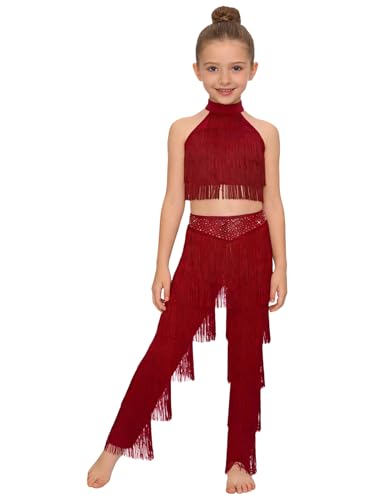 Vêtement danse pour filles costume latin à franges samba bourgogne 9-10 ans