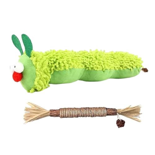 LUDHEP Juguete para Gatos, 2 Piezas, Oruga Peluche & Palos Vid Plateada, Juguete De Dentición para Gatos, Suave y Duradero, Alivio Estrés, Limpiar Los Dientes, para Dentición y Masticar Pateador