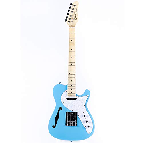 Grote Electric Guitar Semi-Hollow Body Single F-Hole Gloss Pain Tele Style Guitar Full-Size Basswood with Canadia Maple neck Chrome Hardware Picks (blue)