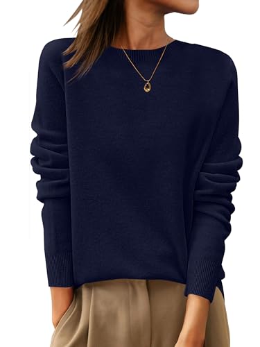ANRABESS Womens 100% Wool Sweaters 2025 Fall Work Business Casual Basic Sweater Crewneck Long Sleeve Tops Navy Blue X-Large