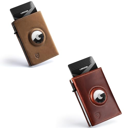 AirTag Wallet for Men, Full Grain Genuine Leather, Mens Wallet with AirTag Holder, Apple Air Tag Minimalist Front Pocket Trifold Wallet, RFID Blocking, Pop Up Smart Wallet with Card Holder