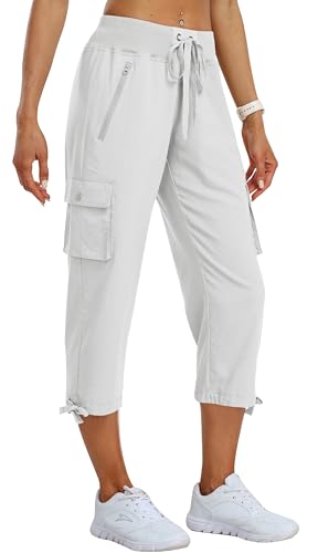 MoFiz Capri Pants for Women Cargo Hiking Pants Lightweight Women's Capris Summer Casual Travel White 2XL