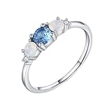 Anillo apilable, oro blanco, anillo de boda fino redondo de 9 K/14 quilates con topacio azul, Q 1/2, Oro blanco de 9 quilates, Topacio