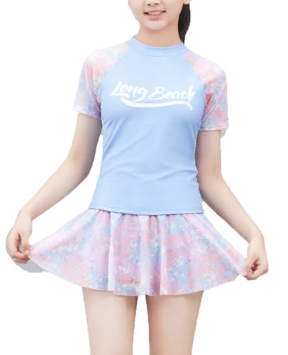 JadeRich Teen Girls 2 Piece Short Sleeve Skirted Bathing Suit Rash Guard Swim Dress with Built-in Boy Shorts