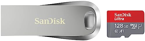 Image of SanDisk Ultra Luxe USB 3.1 Flash Drive 128GB, Upto 150MB /s, All Metal, Metallic Silver & Ultra microSDXC UHS-I Card, 128GB, 140MB /s R, 10 Y Warranty, for Smartphones