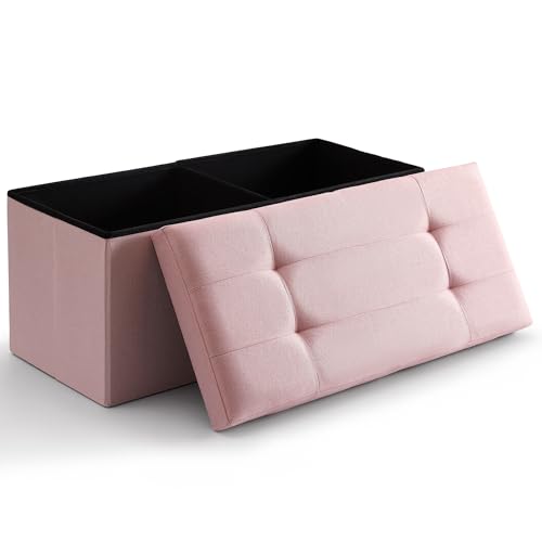 CUYOCA Storage Ottoman Bench Foldable Seat Footrest Shoe Bench End of Bed Storage with Flipping Lid, 75L Storage Space, 30 inches Linen Fabric Pink, OT026PK