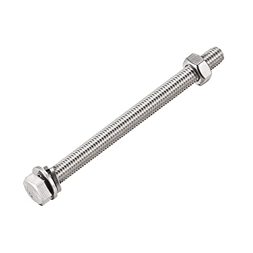 Image of uxcell M10 x 130mm Hex Head Screws Bolts, Nuts, Flat & Lock Washers Kits, 304 Stainless Steel Fully Thread Hexagon Bolts 6 Sets