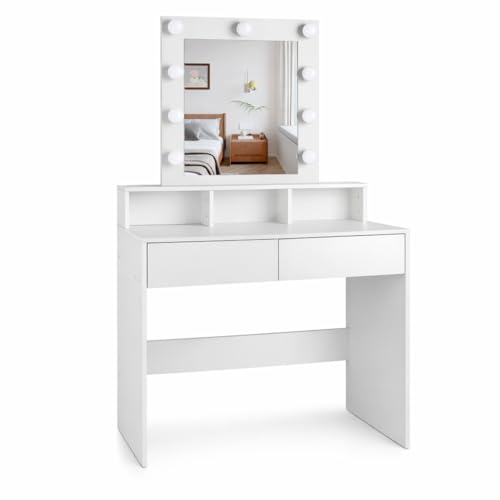 Tocador de maquillaje con Luz | Mueble tocador con Espejo 2 cajones y estantes de almacenamiento | Mesa de maquillaje moderno blanco para dormitorio, cómoda organizadora cosméticos y joyas