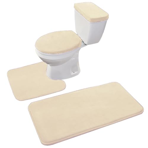 Madeals Memory Foam Bathroom Toilet Rug Set 4 Piece with Toilet Lid Cover and Tank Covers Beige by Madeals - Used condition - US$26.89