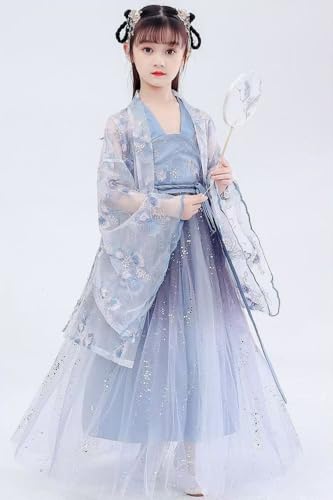 Traditional Chinese Hanfu Dress Set for Girls, Blue Tang Dynasty Princess Dress with Floral Tulle3