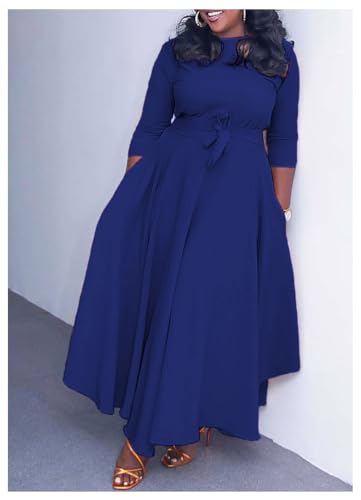 Image of Hostoyo Women Plus Size Formal A Line Maxi Dress Self Tie Waist with Pockets Elegant Round Neck Swing Long Dresses