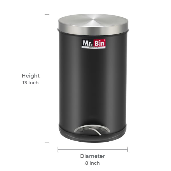 Image of Mr. Bin Stainless Steel Dustbin | Black Pedal Bin with Plastic Bucket and Lid | SS 202 8 inch x 13 inch Garbage Bin | Step On Trash Can | Round Shape Dustbin for Home, Bathroom, Kitchen & Office | 7 Liter |