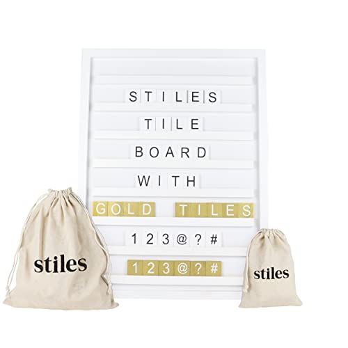 Stiles Wood Tile Letter Board Set And Premium Letter Set Bundle, 23.6" X 17.7" Wooden Message Board With 122 Letters And Numbers, 92 Changeable Crossword Tiles, White And Gold #TOP10