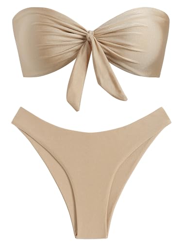 ZAFUL Knotted Bandeau Bikini for Women Strapless Swimsuits High Cut Bathing Suit Sexy Cheeky Tie Side Swimwears