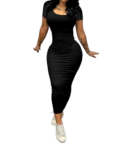 PINSV Women's Casual Bodycon Maxi Dress Summer Scoop Neck Short Sleeve Long Fitted Dresses Club Party2