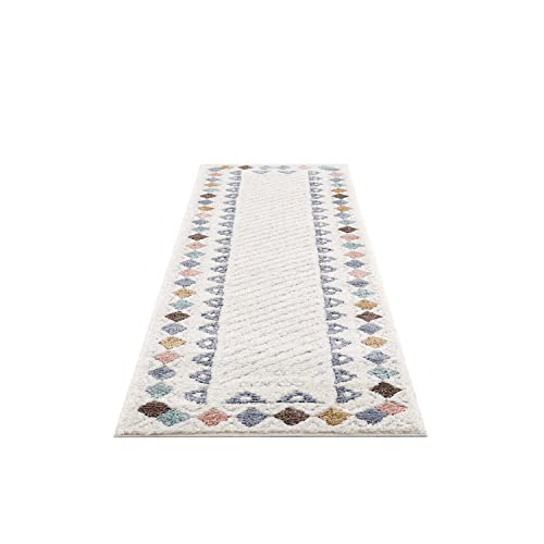 carpet city Teppich-Läufer Hochflor Flur - 80x300 cm - Boho-Style Bordüre Creme Multi - Cut-Loop,...
