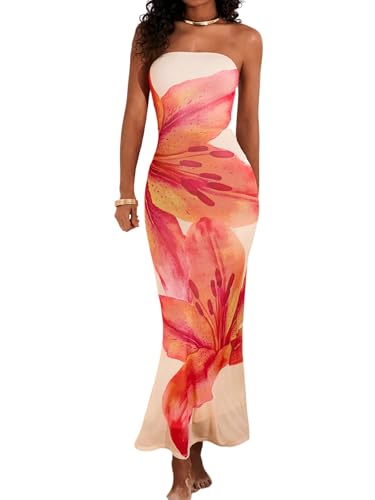SweatyRocks Blumenkleid Damen Sommer Maxikleid Hochzeitsgast Elegant Bandeau Kleid Mesh Strandkleid Bodycon Kleid Orange L