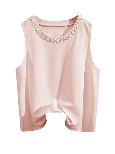 GORGLITTER Women's Pearl Beaded Top Sleeveless Crewneck Knitted Sweater Vest Dressy Elegant Business Casual Tops
