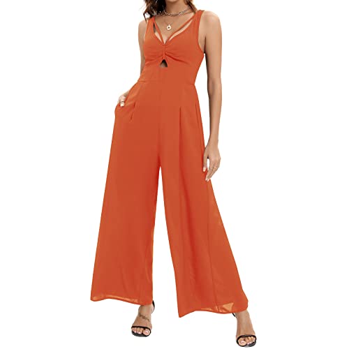 ZOOMOON Women’s Casual Wide leg Jumpsuits with Pockets Summer High Waist V Neck Cutout Rompers Sexy Jumpsuits for Women, Brick Red, Large