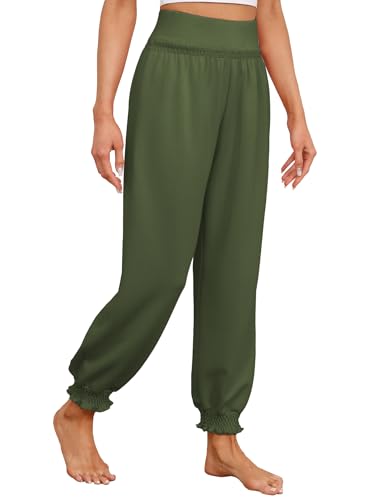 Famulily Women's High Rise Loose Yoga Sweatpants, Casual Exercise Jogger Pants with Ruffle Hems (S, Army Green)