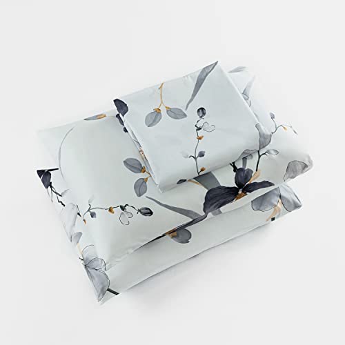 Yuheguoji Grey Flower Duvet Cover King 100% Egyptian Cotton Light Blue Plant Duvet Cover 3 Pcs Set 1 Gray Floral Branches Patterned Duvet Cover With Zipper Ties 2 Pillowcase Botanical Bedding Set Soft #TOP6