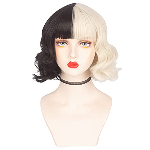 Askuang Black and Light Blonde Wig for Women Costume Short Curly Half Black Half Light Blonde Wig with Bangs Heat Resistant Wigs for Women Girls Cosplay Halloween Costume Party