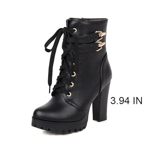 Image of FOREADA Goth Boots Chunky Heel Boot For Women Ankle Combat Booties Black Platform Bootie Buckle Rivets Punk Goth Shoes With Zipper