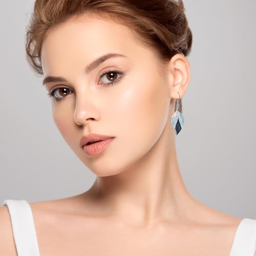 Big Blue Leaf Silver Dangle Earrings for Women Boho Earrings Drop with Light Blue and Beige Bohemian Tropical Style Plant Dangling for Gift2