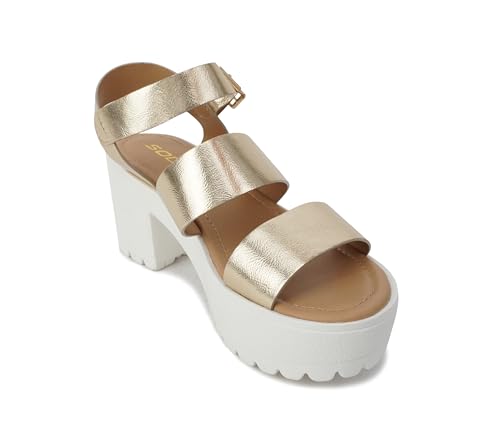 Image of Soda ACCOUNT ~ Women Open Toe Two Bands Lug sole Fashion Block Heel Sandals with Adjustable Ankle Strap