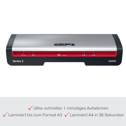 GBC 250HS Office A3 Laminiergerät - High Speed Laminieren, schnelle Aufwärmzeit von 1 Min, 75-125 Mikron, Anti-Stau, Auto-Abschaltung, inkl. 5x A4-Laminierfolien, Schwarz/Rot, 4410071EU