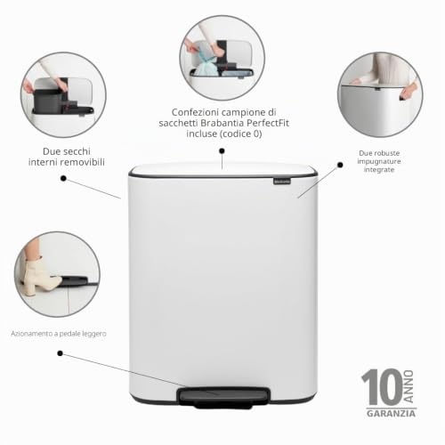 Brabantia Poubelle Bo Pedal, Blanc, 2 Seaux intérieurs de 30L - 3